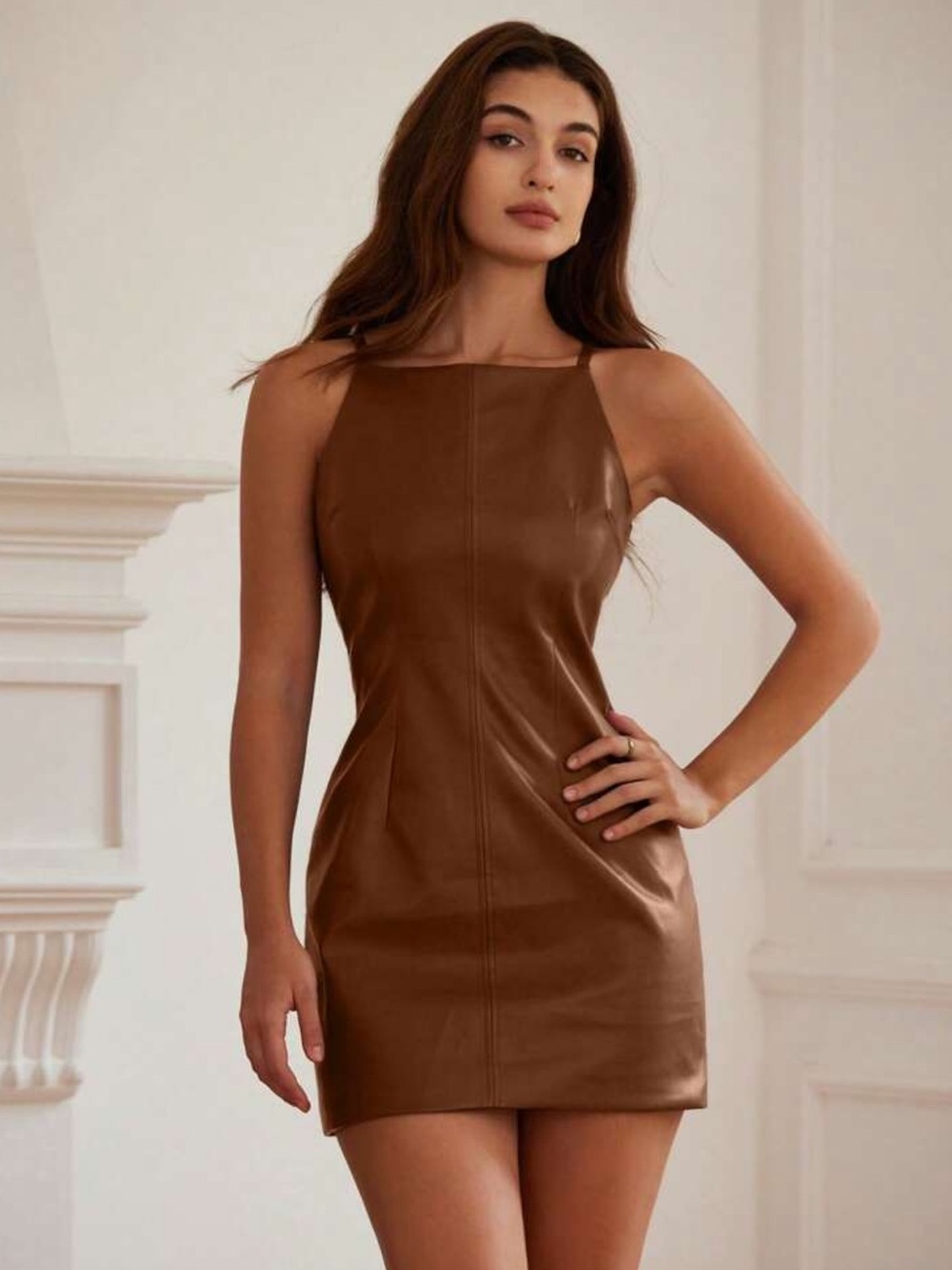 Brown Sleek Faux-Leather Mini Dress